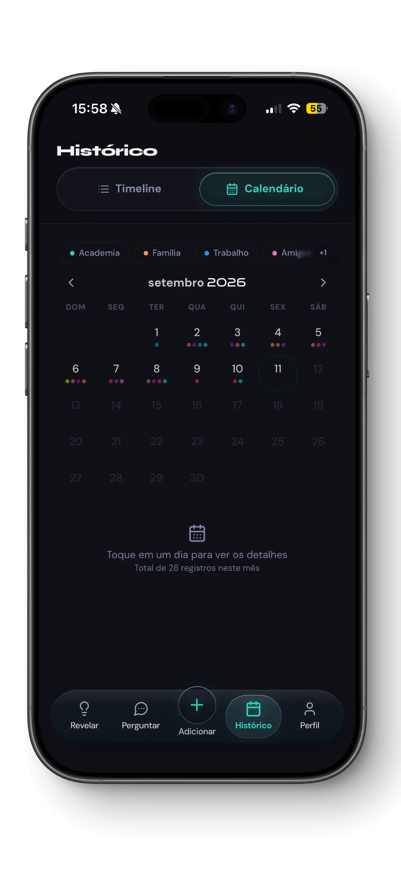 Calendário de registros no Revelare
